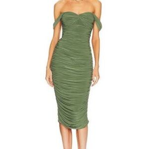 Norma Kamali Walter Dress - Olive Green Ruched Midi Dress celadon